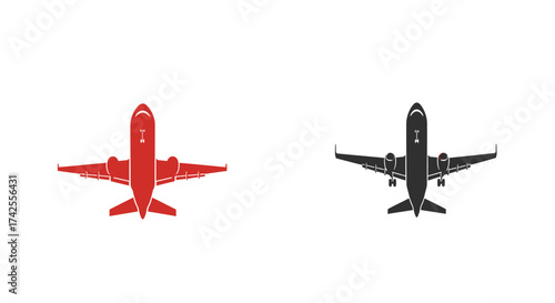 Two airplane silhouettes one red and one black viewed from above