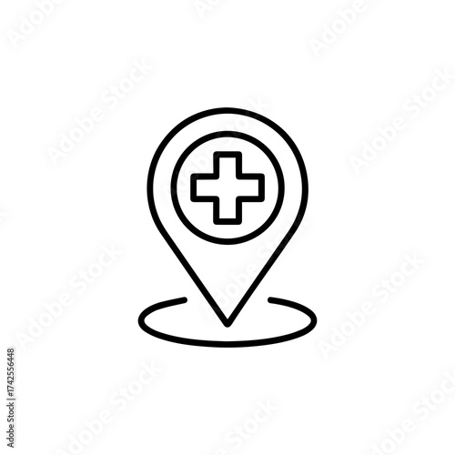 Medical location pin icon with a cross symbol, isolated on white background
