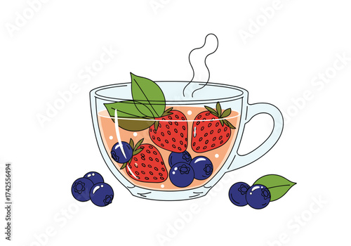 A refreshing cup of herbal tea infused with strawberries and blueberries.