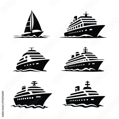 Six scalable vector icons of diverse maritime vessels for nautical themes vector