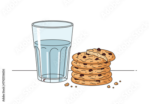A tall glass of water sits next to a stack of chocolate chip cookies.