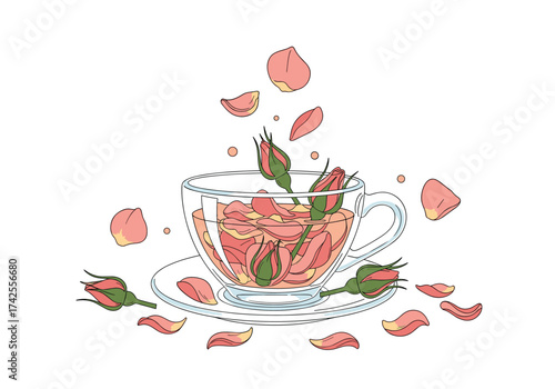A delightful cup of tea with falling rose petals all around.
