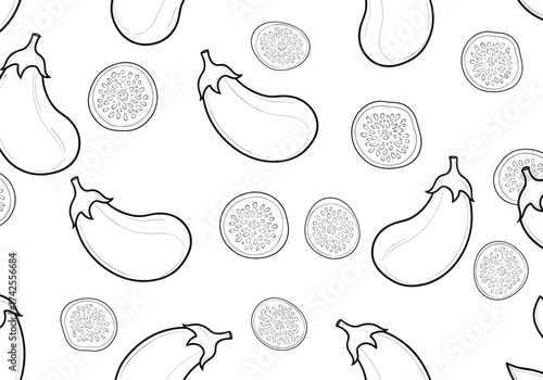 Seamless pattern of black and white line drawings of eggplants and dotted circles.