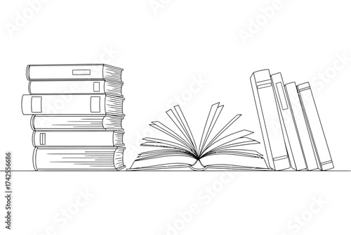 Illustration of books on a shelf, including an open book