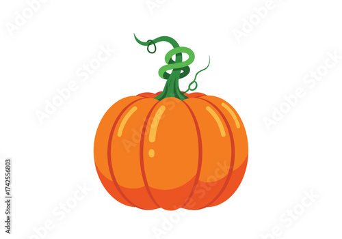 A bright orange pumpkin with a swirling green vine on top.