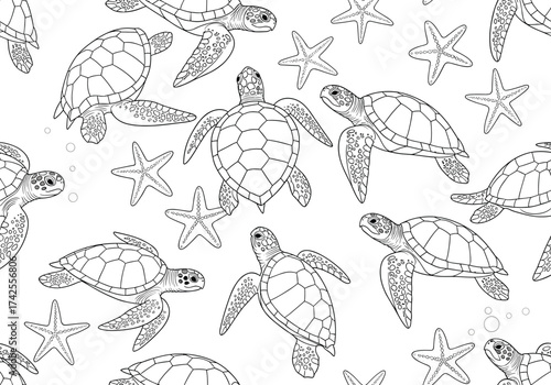 A repeating pattern of sea turtles and starfish.