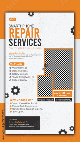 Smartphone repair services flyer template for social media story design