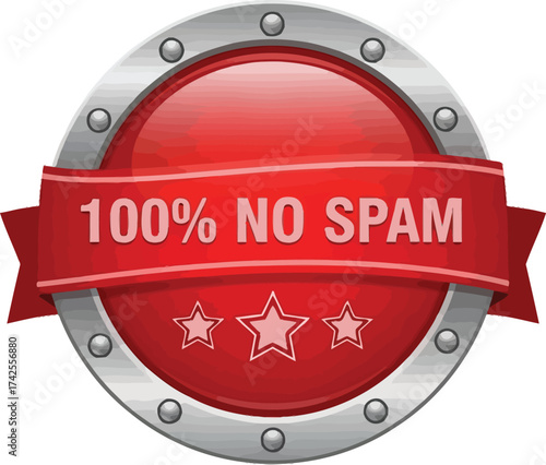 Red and silver no spam badge with stars on a white background editable vector file