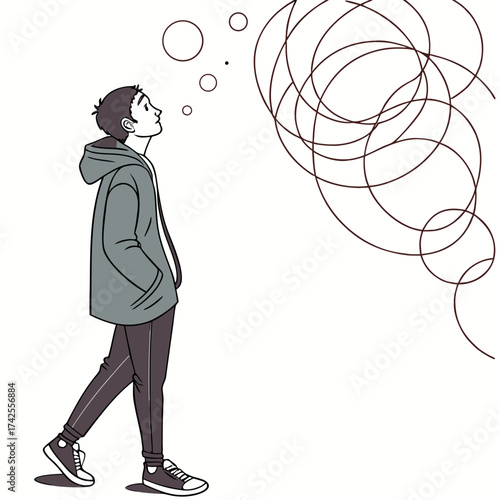 Young man looking up at abstract swirling thoughts represented by circles and lines originating from his head