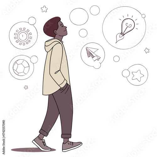 Young man walking and dreaming about ideas goals and aspirations with thought bubbles