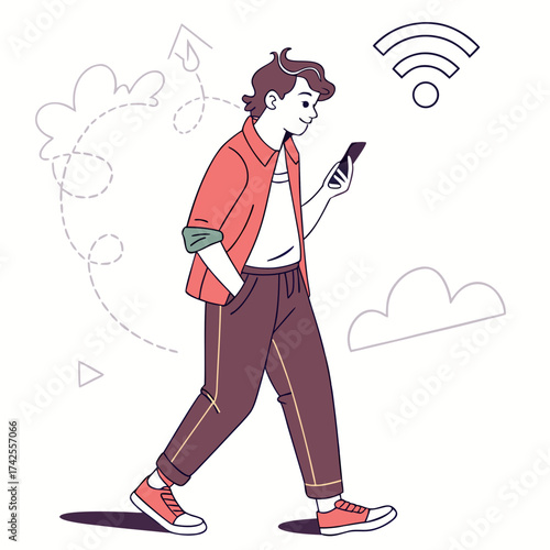 Young man walking while looking at his smartphone with wifi signal and cloud icons nearby