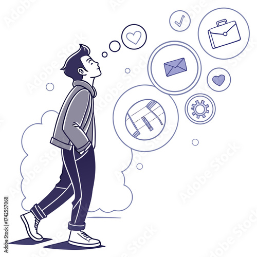 Young man walking and thinking about his future career goals and personal aspirations