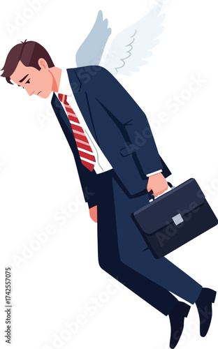 Businessman with wings holding a briefcase looking down sad pose editable vector file