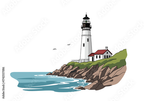 Coastal lighthouse guiding ships safely through the sea.