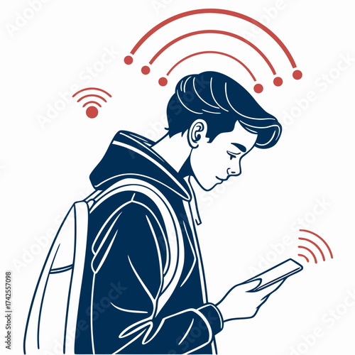 Young man with backpack using smartphone with wireless signal waves emanating from device and head