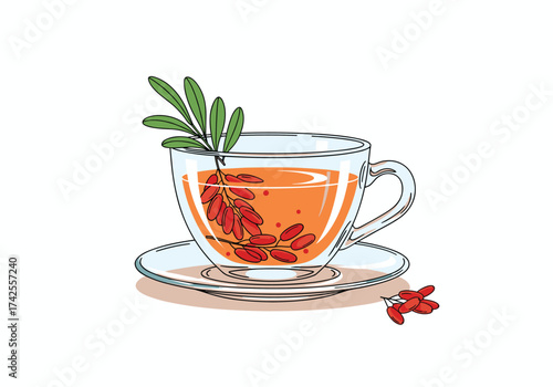 A healthy cup of herbal tea with goji berries and leaves.