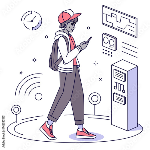 Young person with backpack and smartphone interacting with futuristic technology interface and digital displays