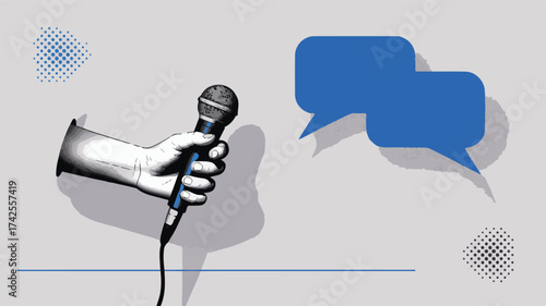 Hand holding microphone with speech bubbles blue grey