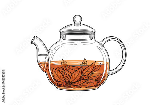 A clear glass teapot filled with brewing tea leaves and amber colored liquid.