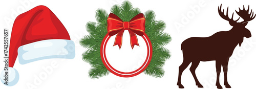 Illustration of santa hat wreath and moose on a white background editable vector file