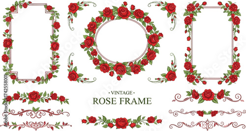Collection of frames and borders decorated with red roses and leaves editable vector file