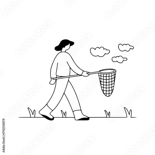 Whimsical illustration of a person with a net chasing clouds perfect for dreamy, creative projects