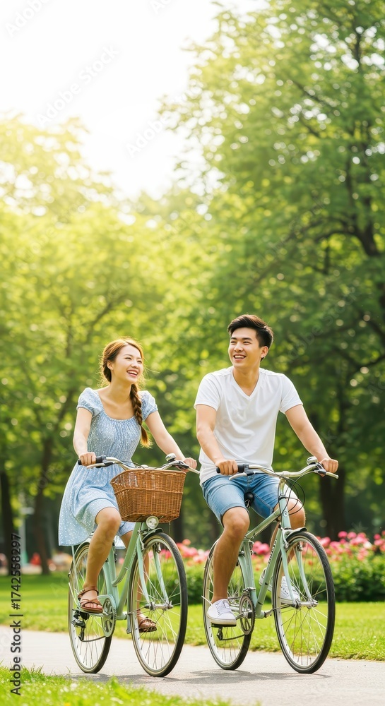 Obraz premium Cheerful couple enjoying a summer bike ride through a park, cycling together along a paved path with vintage bicycles, surrounded by green trees and foliage under bright sunlight, radiating joy