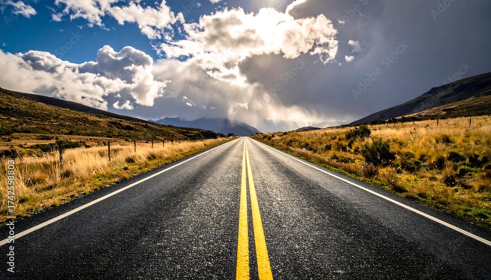 Fototapeta premium Scenic Road Through Mountainous Landscape Under Dramatic Cloudy Sky.