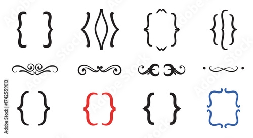 Collection of ornate vintage brackets and flourishes in black red and blue
