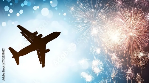 Silhouette of airplane framed against bright fireworks bursting behind night sky