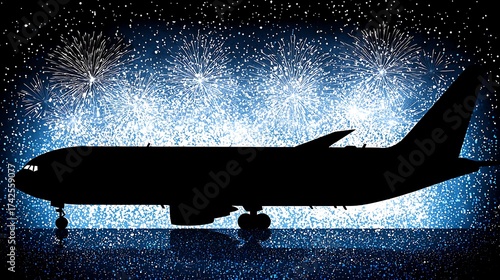 Silhouette of airplane framed against bright fireworks bursting behind night sky