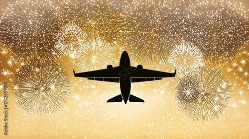 Jet silhouette soaring past radiant fireworks display with sparkling reflections below