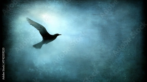 Jet gliding over fog-covered river illuminated by early morning sun rays