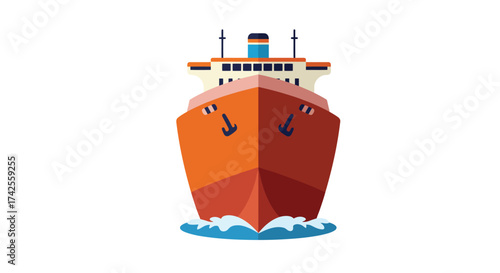 Stylized illustration of a large orange passenger ship sailing on water