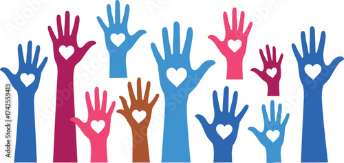 Illustrated colorful hands with heart cutouts on a white background editable vector file