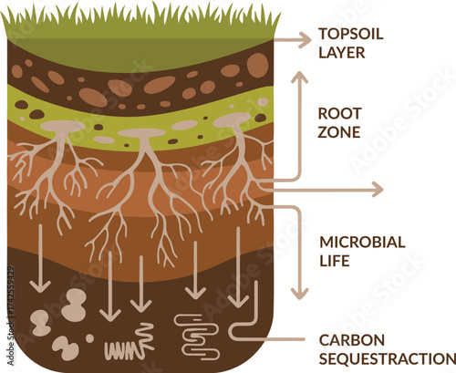 Healthy Soil Layers Infographic Vector – Editable Soil Health Diagram with Carbon Sequestration, Microbes and Earthworms for ESG Reports