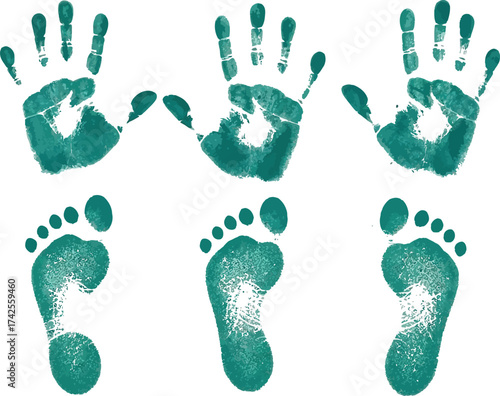 Green handprints and footprints on a white background surface editable vector file