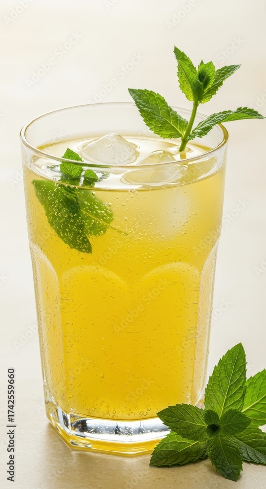 Fototapeta premium Delicious, refreshing cold beverage served in a tall glass, featuring ice cubes and sprigs of fresh mint leaves, creating an inviting and appealing presentation.