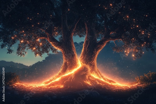 empathy as two trees with intertwining roots glowing softly