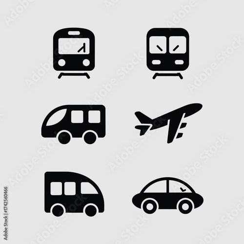 Collection of six distinct vector icons representing various modes of transportation in scalable eps format vector
