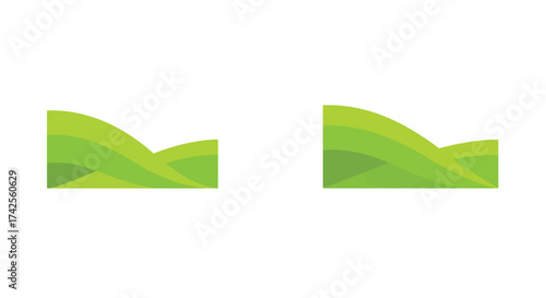 Two abstract green shapes resembling rolling hills or stylized leaves