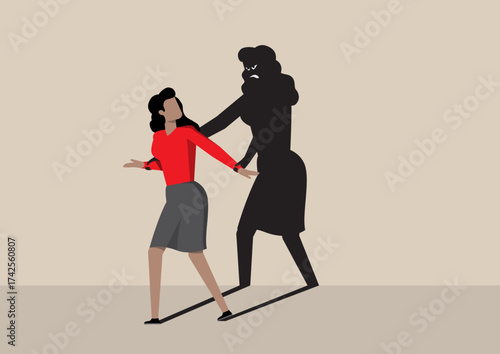 A woman is physically pushing against a dark, menacing shadow figure