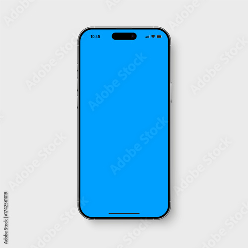 Smartphone mockup with blue screen. Realistic smart phone isolated. 3D mobile phone device front view for ui ux presentation. High quality smart phone mockup with shadow