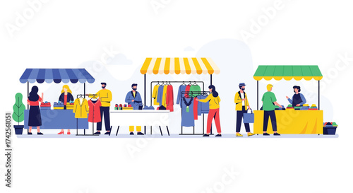Vibrant outdoor market scene with stalls people and merchandise colorful day