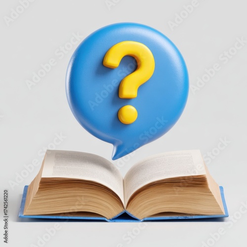 Open book with blue question mark speech bubble above