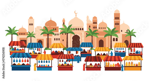 Vibrant middle eastern marketplace scene with traditional architecture and bustling stalls