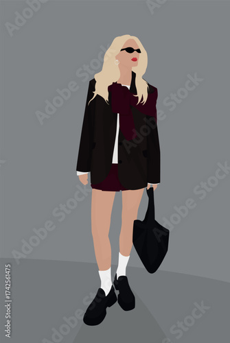 Основные RGBVector flat image of a young woman with long white hair. She is wearing a skirt and jacket. The woman is against a gray background. Design for backgrounds, cards, textiles, templates, bann