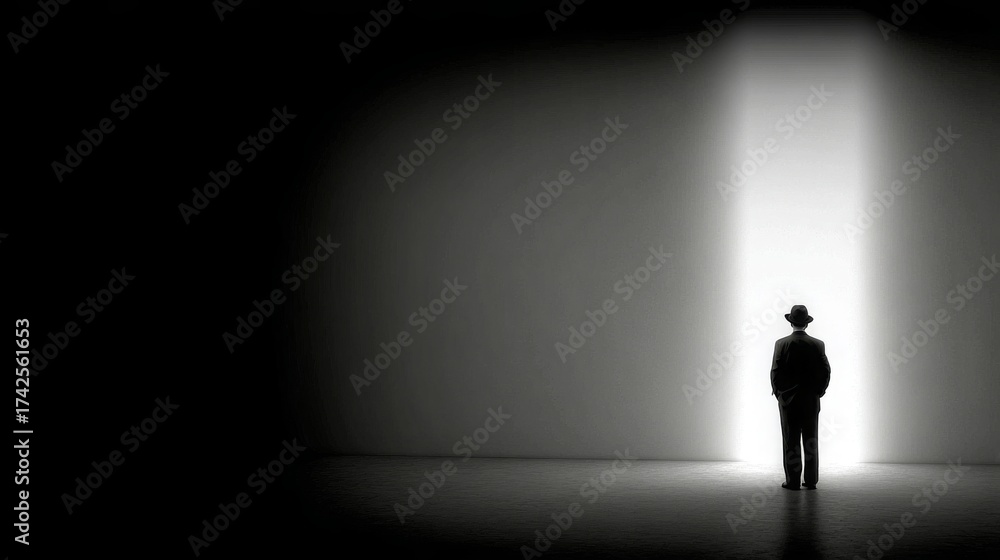 Fototapeta premium A solitary man stands in a dark room, spotlight highlighting his figure, creating an intense dramatic visual effect.