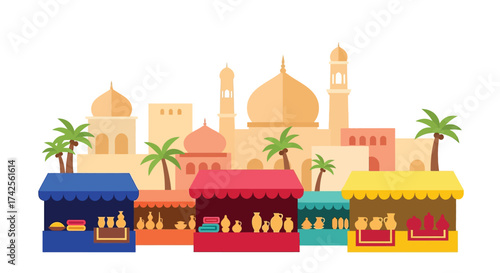 Vibrant middle eastern cityscape with colorful market stalls and iconic architecture