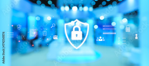Cybersecurity concept with glowing lock icon and digital shield interface, representing data protection, network security, privacy system, and safe online access for business and cloud technology.